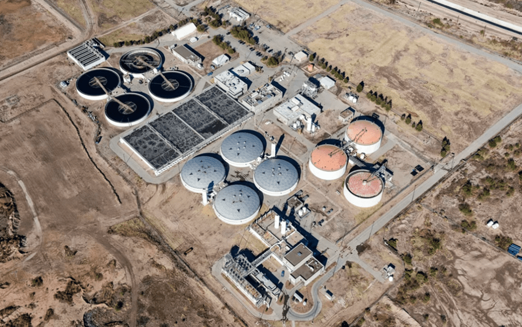 An aerial view of a large water treatment plant.