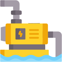 A yellow water pump icon on a black background from MGC Services.