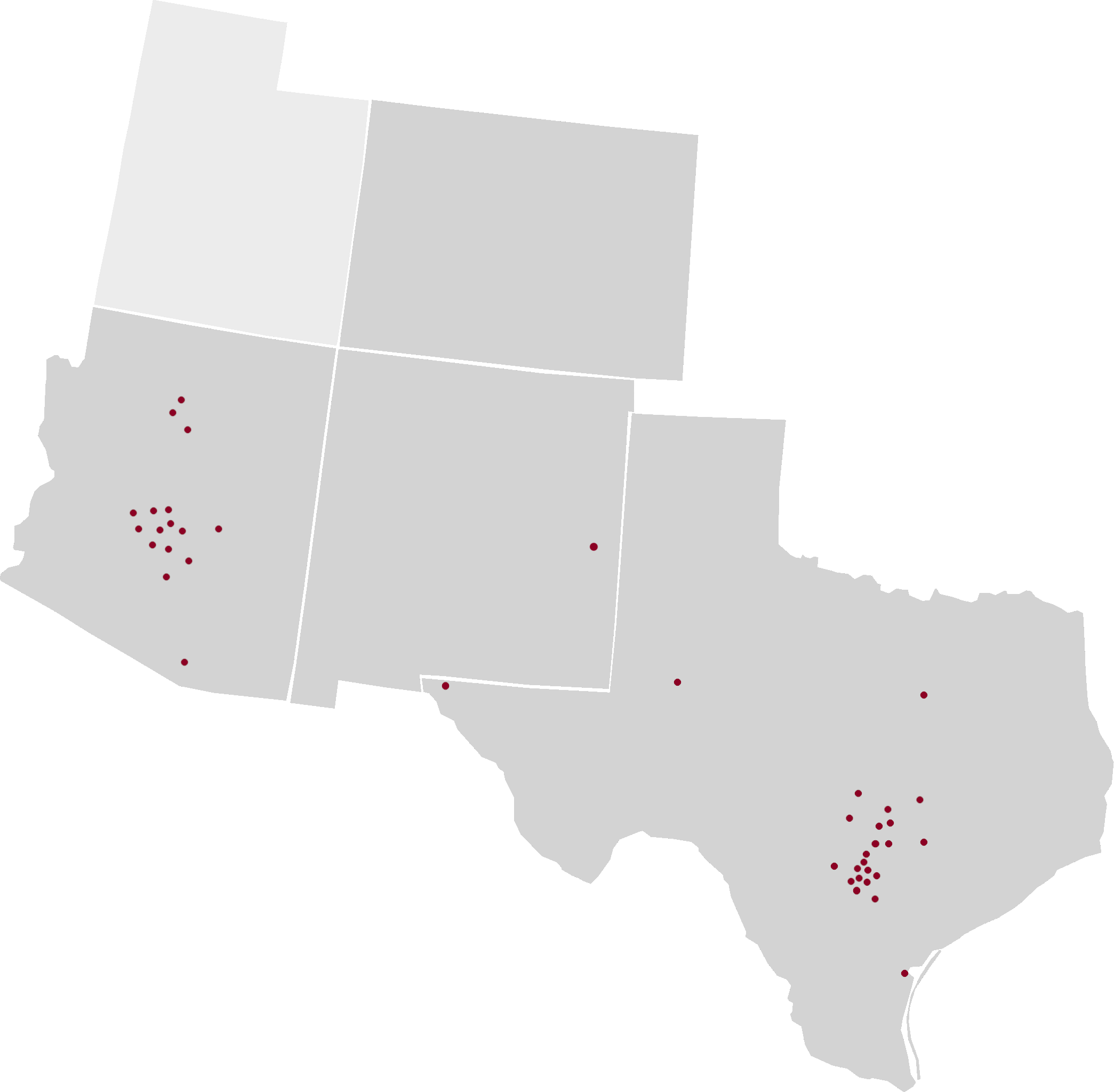 A map of Texas with red dots. Contact MGC for more information.