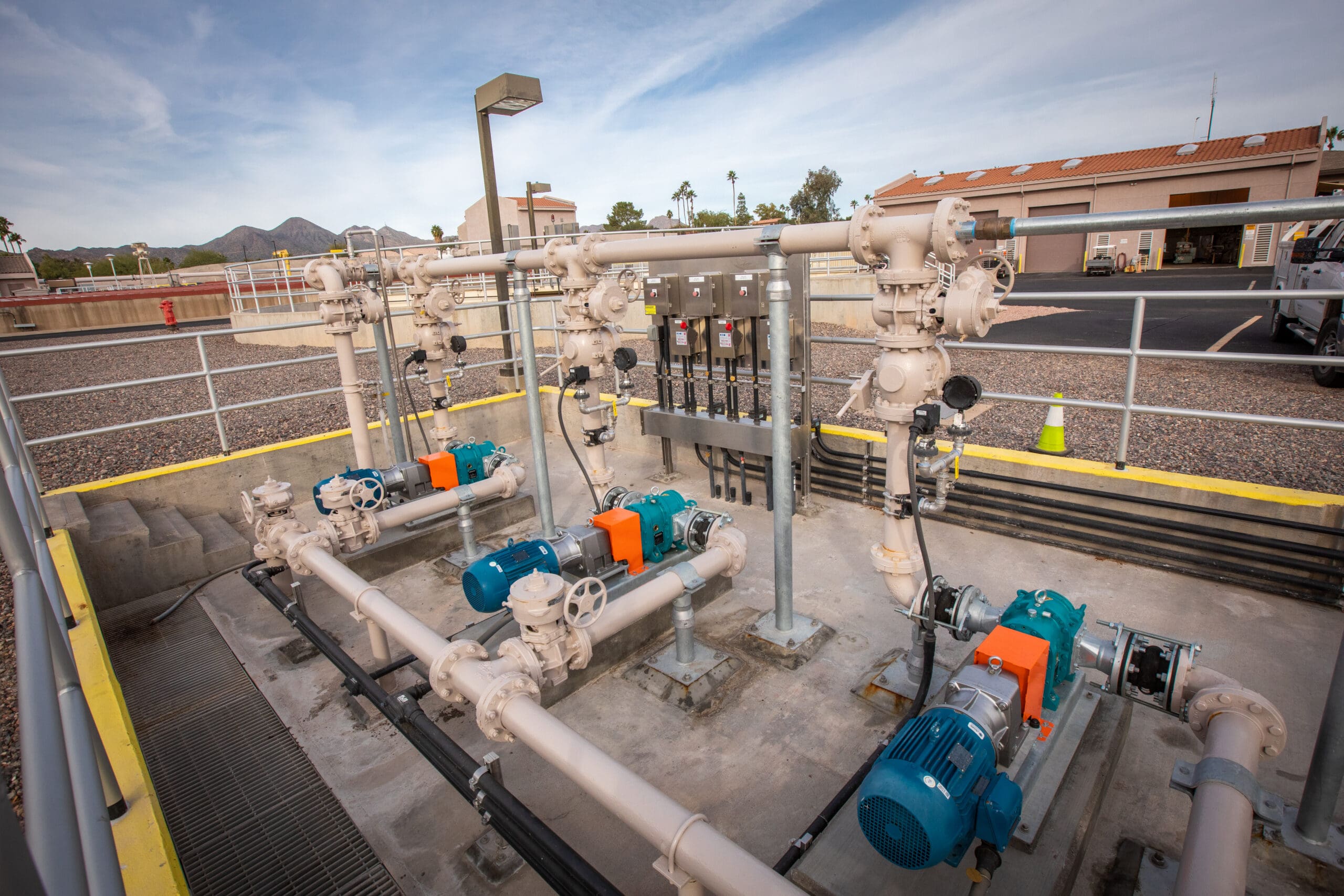A water treatment plant with several pumps and valves, designed by MGC Projects.