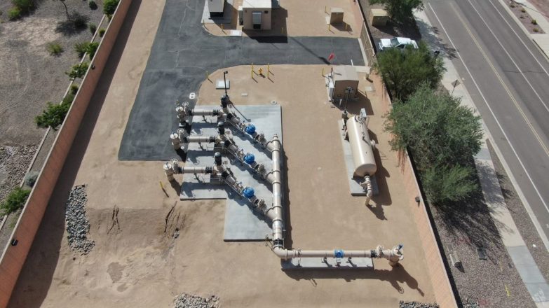 An aerial view of a water treatment facility.