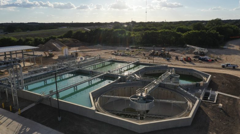 An aerial view of a water treatment plant.